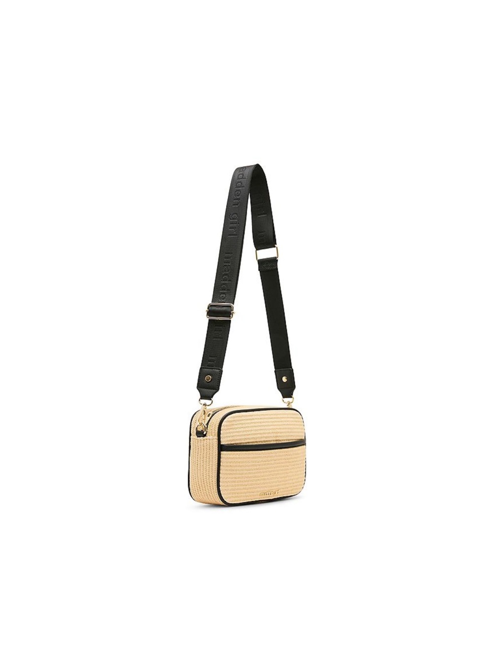 🌾 Madden Girl Raffia Camera Crossbody Bag Black Natural Mirror Charm NWT